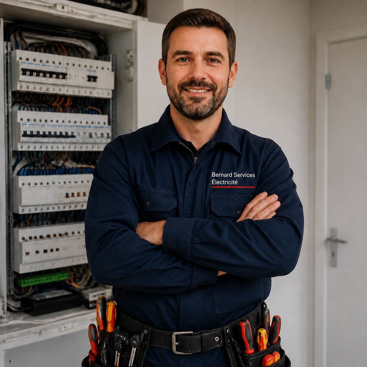 Bernard Services, artisan électricien à Nantes en tenue de travail devant un tableau électrique